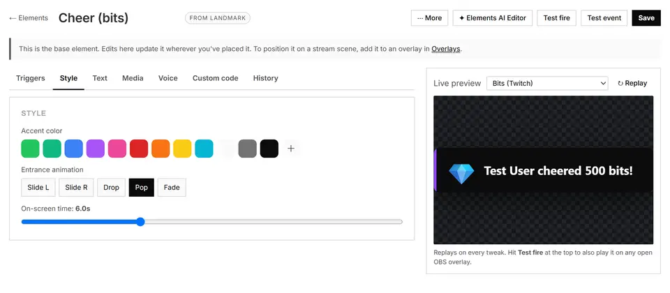 The Landmark Elements editor showing a Cheer alert with accent colors, entrance animation and a live preview