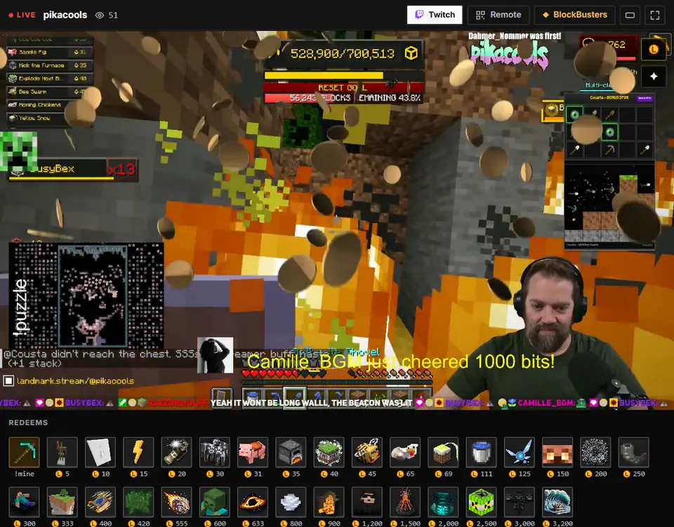 A streamer's Landmark page with the Minecraft stream, the block counter and the menu of effects viewers can send